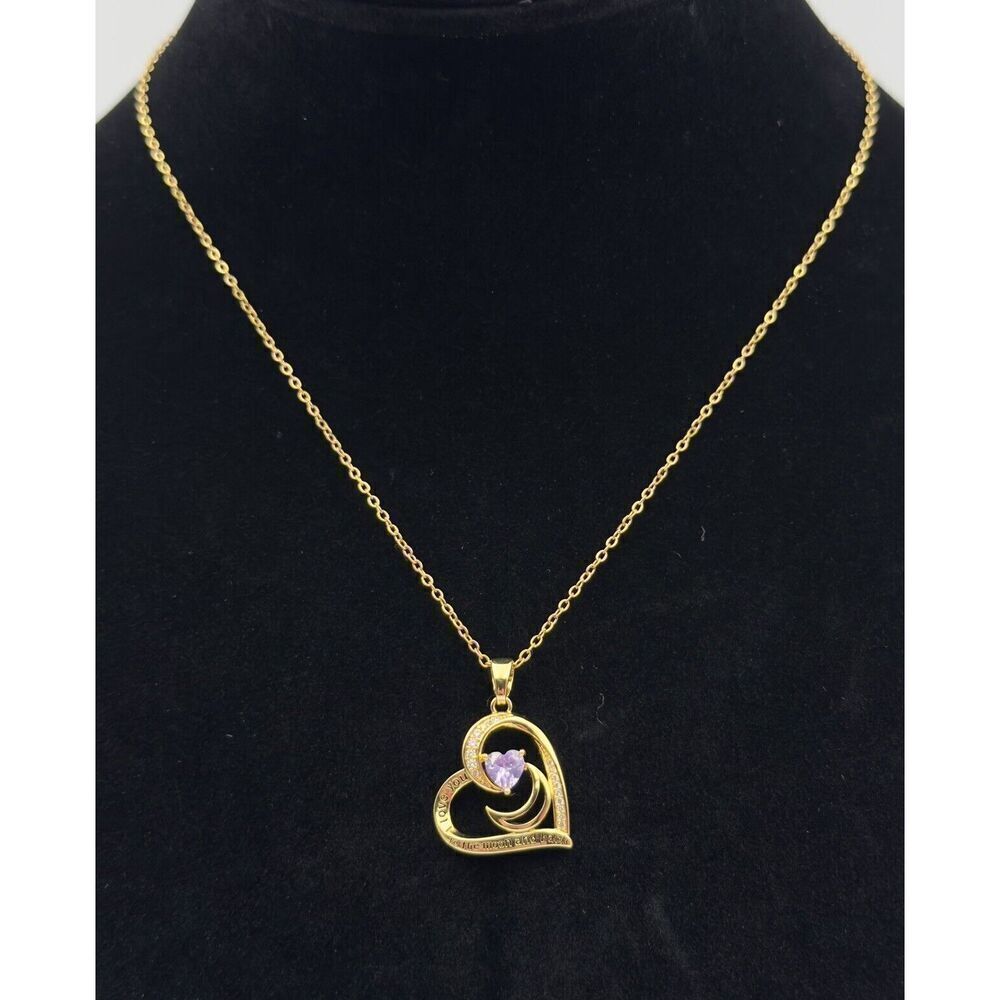 Gold Tone Birthstone Necklace Purple Stone I Love‎ you to the Moon & Back Heart